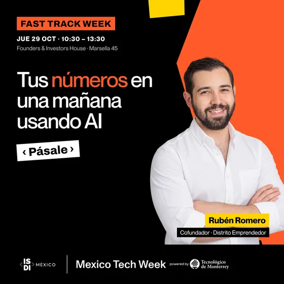 Portada del taller Tus números en una mañana usando AI con Rubén Romero, Cofundador · Distrito Emprendedor